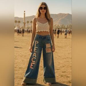 Wide Leg Cuffed Patchwork Blue Jeans with Peace Patch M(8-10)